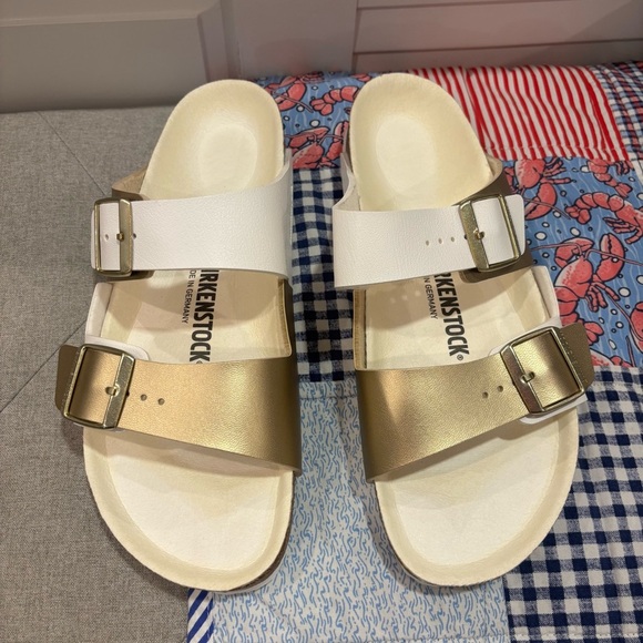 Birkenstock Arizona Sandals Metallic Gold and White - Picture 1 of 10